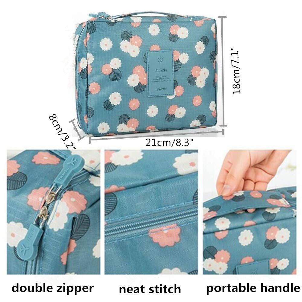 Blue floral toiletry bag with dimensions shown, featuring close-ups of zipper, stitching, and handle.
