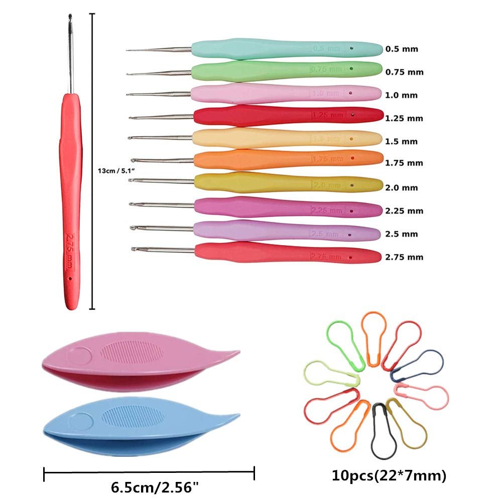 Crochet kit including various sized crochet hooks, tatting shuttles, and stitch markers with size callouts.