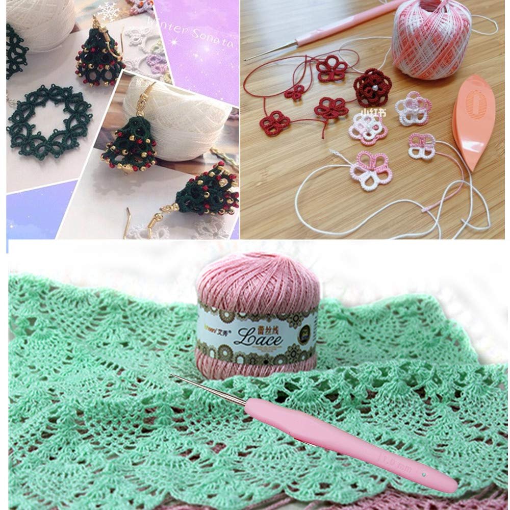 Collage of crochet projects: Christmas tree ornaments, lace flowers, and a pink crochet hook with lace yarn on green fabric.