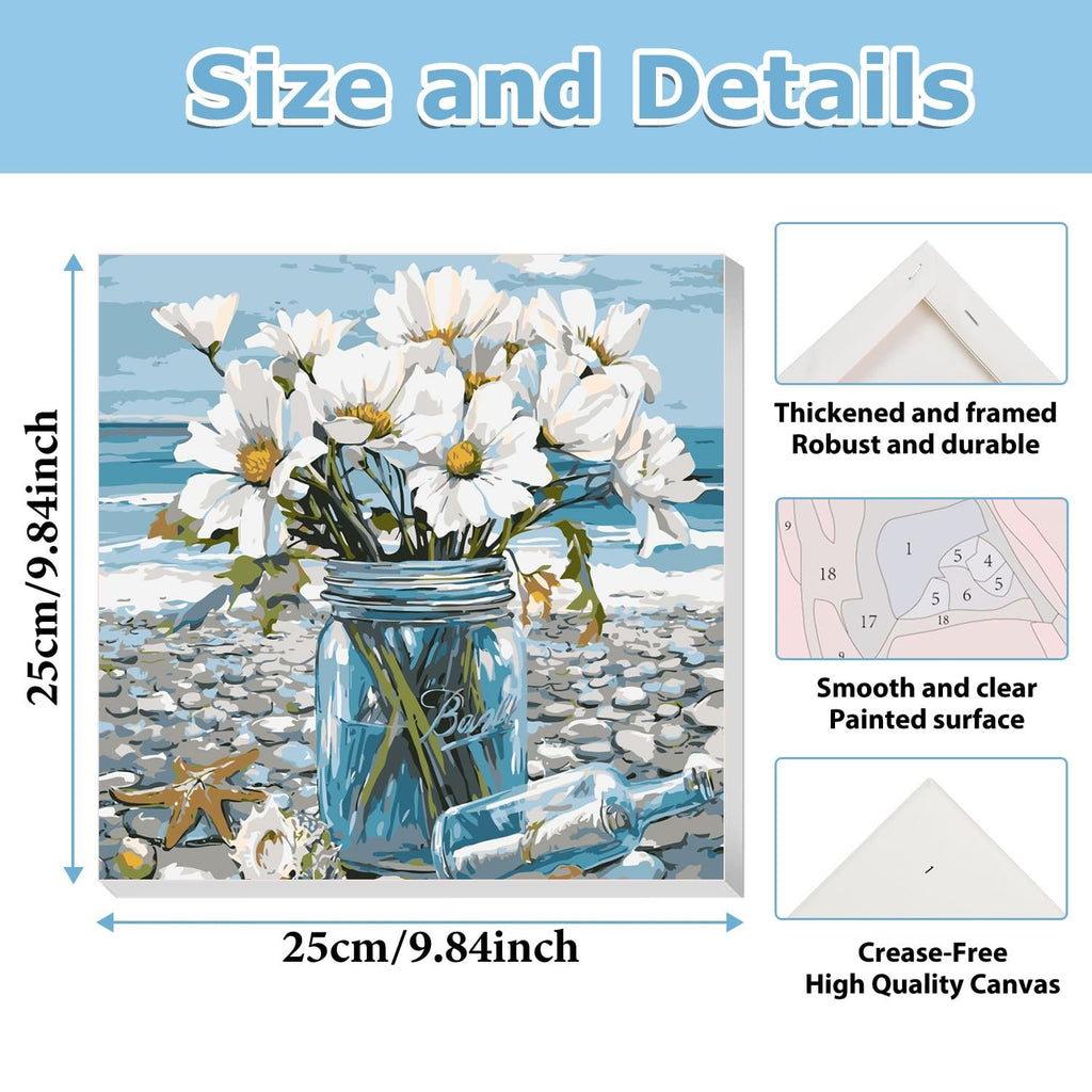 Paint by numbers kit showing a floral arrangement in a glass jar on a beach, with size and detail callouts.
