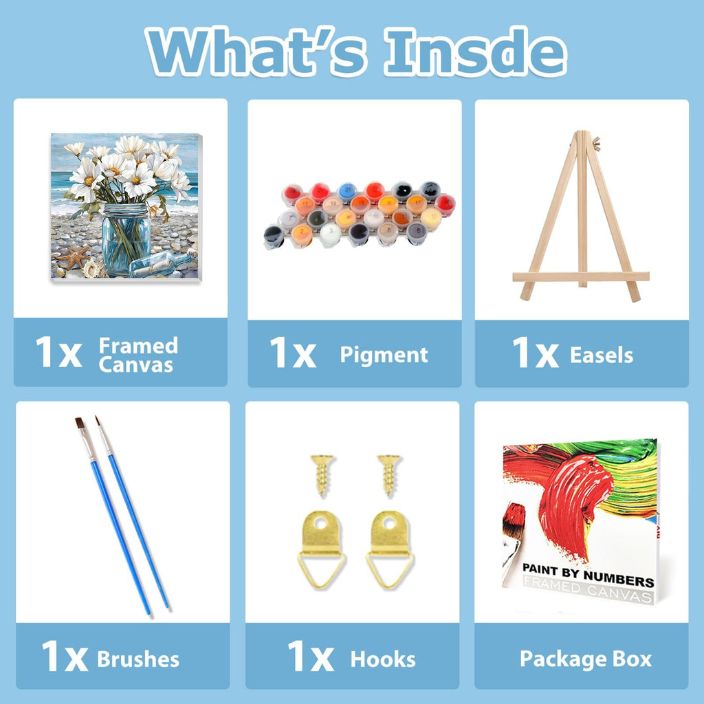 Paint by Numbers kit contents including framed canvas, pigment pots, easel, brushes, hooks, and package box.