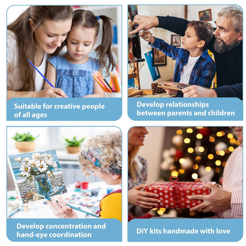 Collage of four scenes related to a paint by numbers kit: mother and child painting, grandfather and grandson painting, woman painting flowers, and hands exchanging a gift.