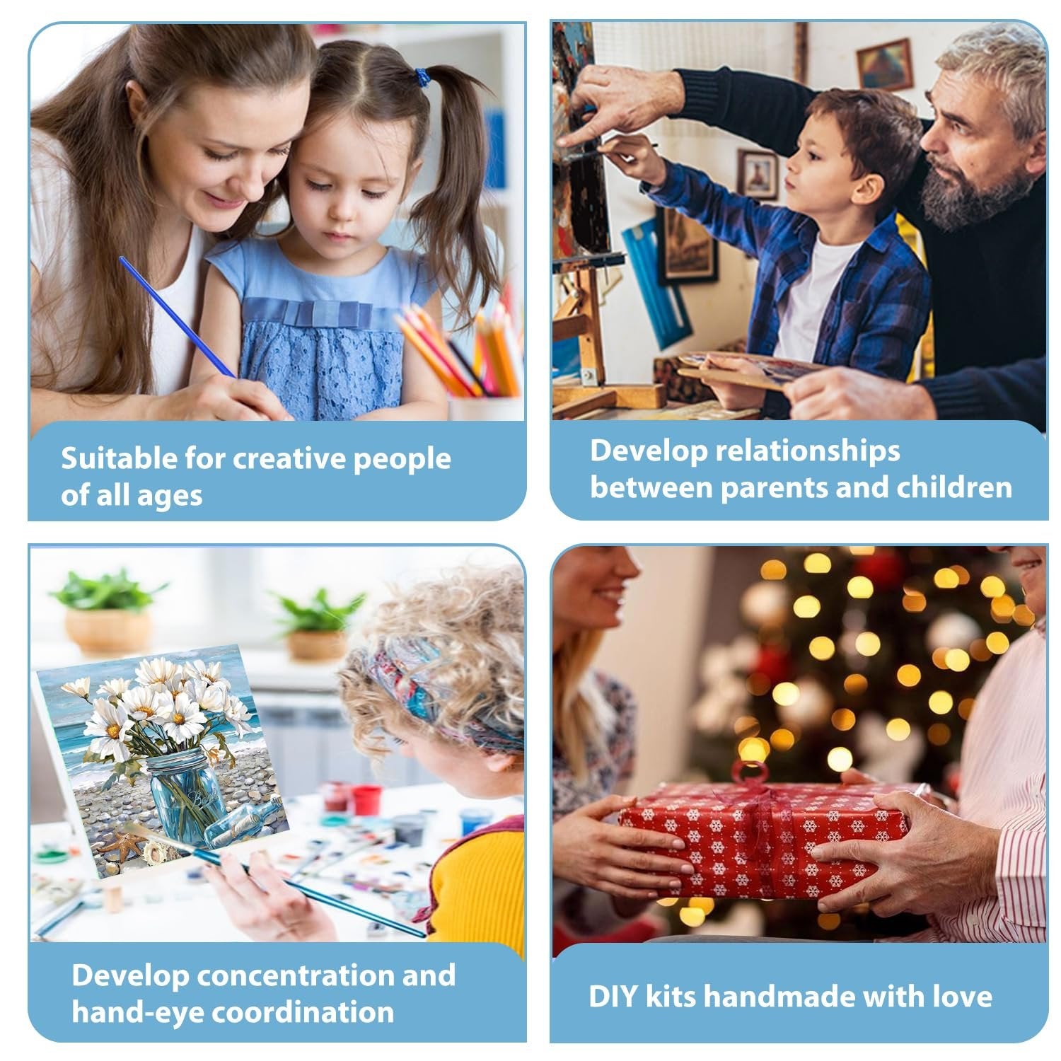 Collage of four scenes related to a paint by numbers kit: mother and child painting, grandfather and grandson painting, woman painting flowers, and hands exchanging a gift.