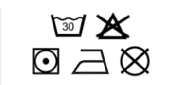 Set of five laundry care symbols: wash at 30 degrees, do not bleach, tumble dry low, iron on medium heat, do not dry clean.