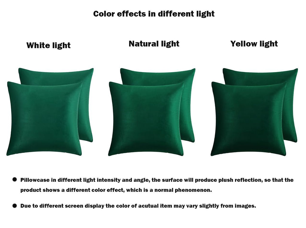 Set of dark green velvet throw pillow covers shown under white, natural, and yellow light to demonstrate color effects.