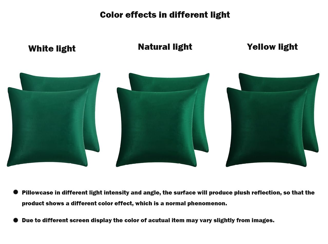 Set of dark green velvet throw pillow covers shown under white, natural, and yellow light to demonstrate color effects.