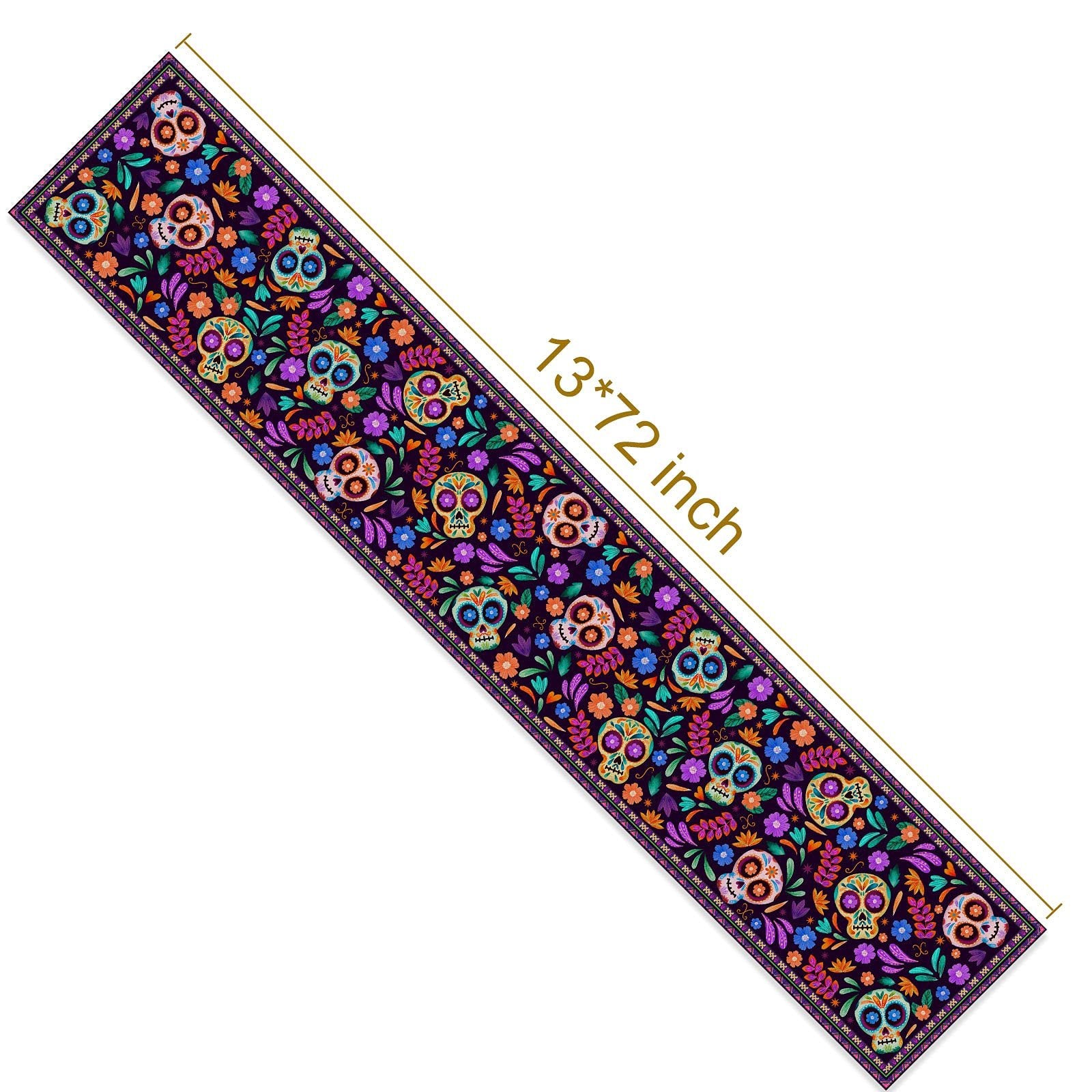 Dia De Los Muertos table runner with colorful sugar skull and floral pattern, shown diagonally.