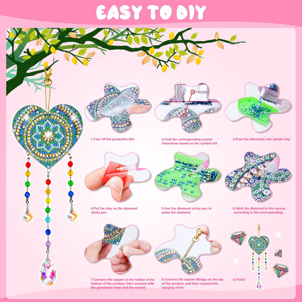 Diamond art wind chime kit instructions showing steps to create a heart-shaped suncatcher with crystal pendants.