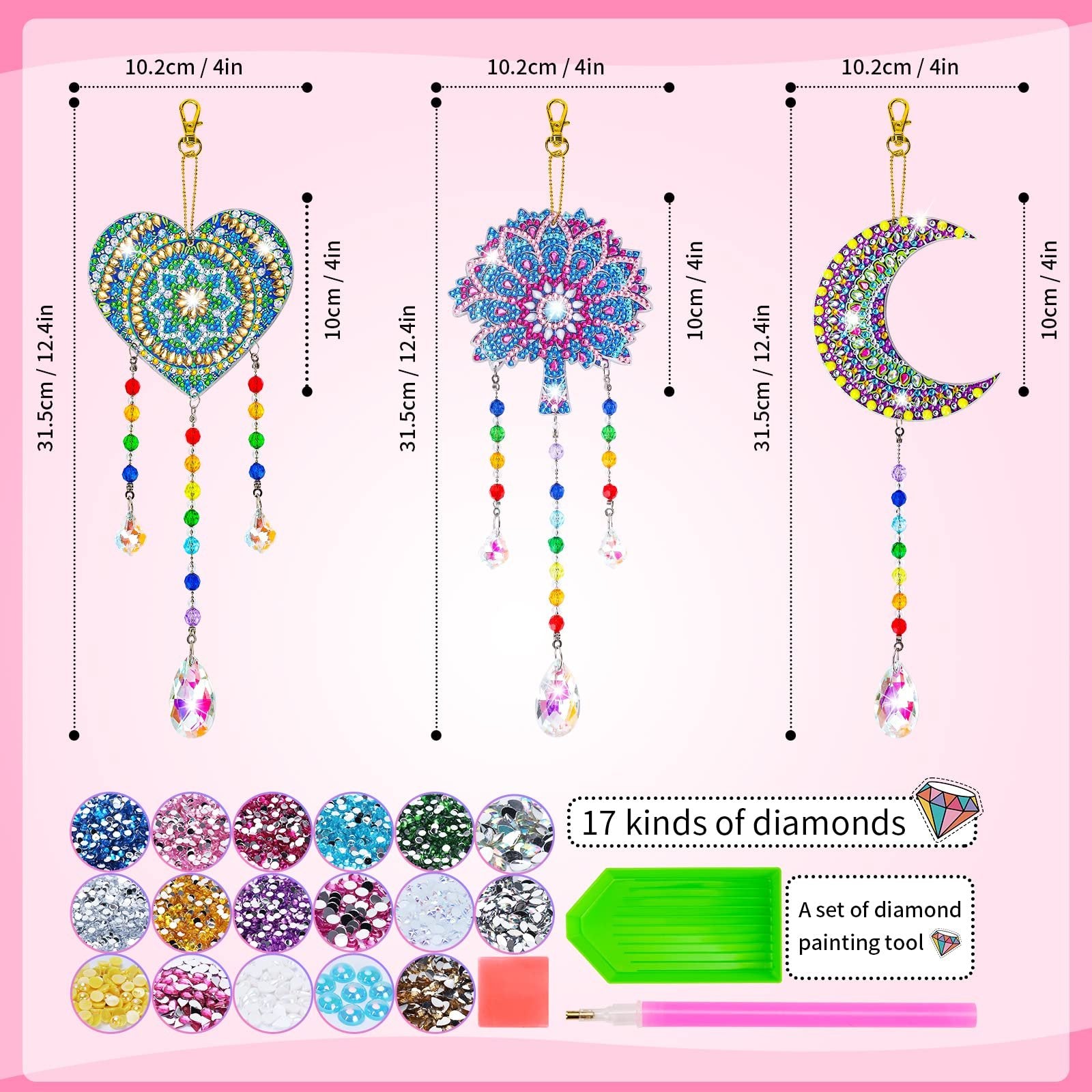 Diamond art wind chime kit with heart, tree, and moon shapes, showing included gems and tools.