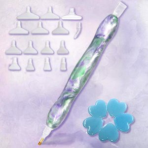 Diamond painting drill pen kit with 13 replaceable tips, wax, and bead placers on a light purple background.