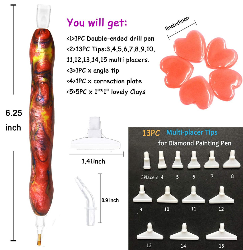 Diamond painting drill pen kit with multiple tips and clay pieces shown with dimensions and itemized list.