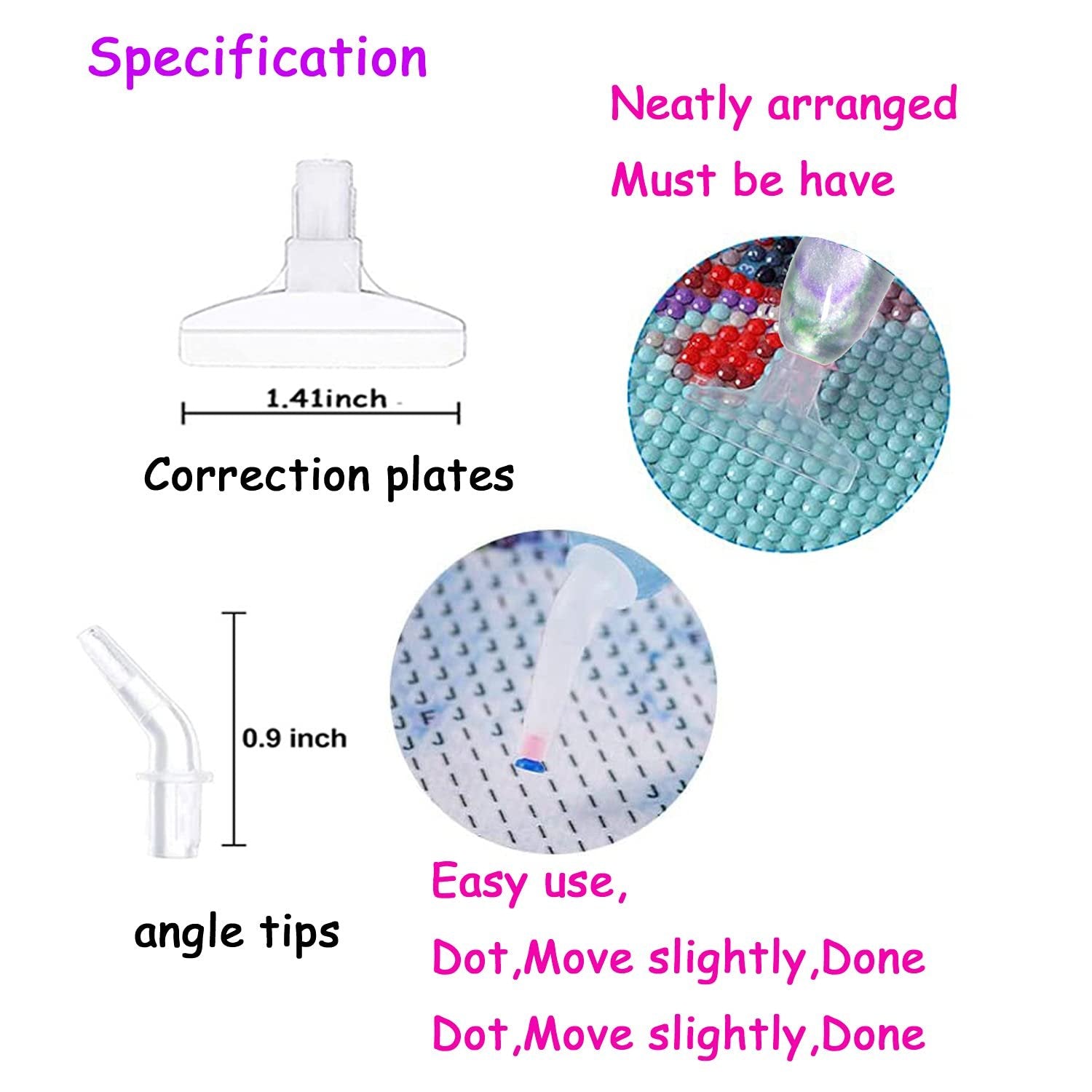Diamond painting drill pen tips and correction plates with dimensions shown.