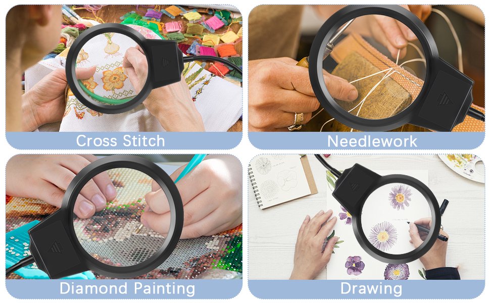 Magnifying lamp with LED light shown in use for cross stitch, needlework, diamond painting, and drawing