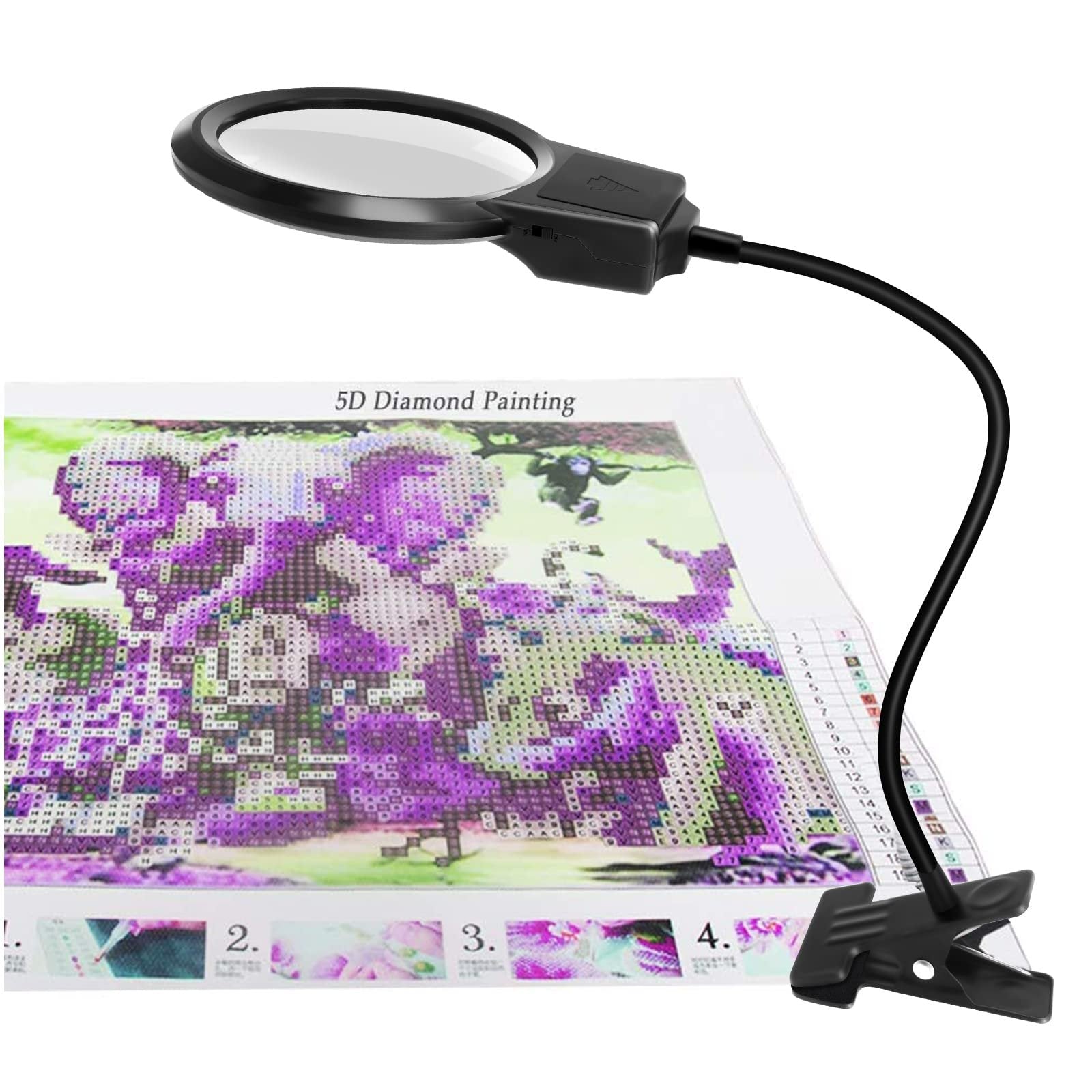Diamond painting LED magnifier lamp with clip light attached to a diamond painting canvas