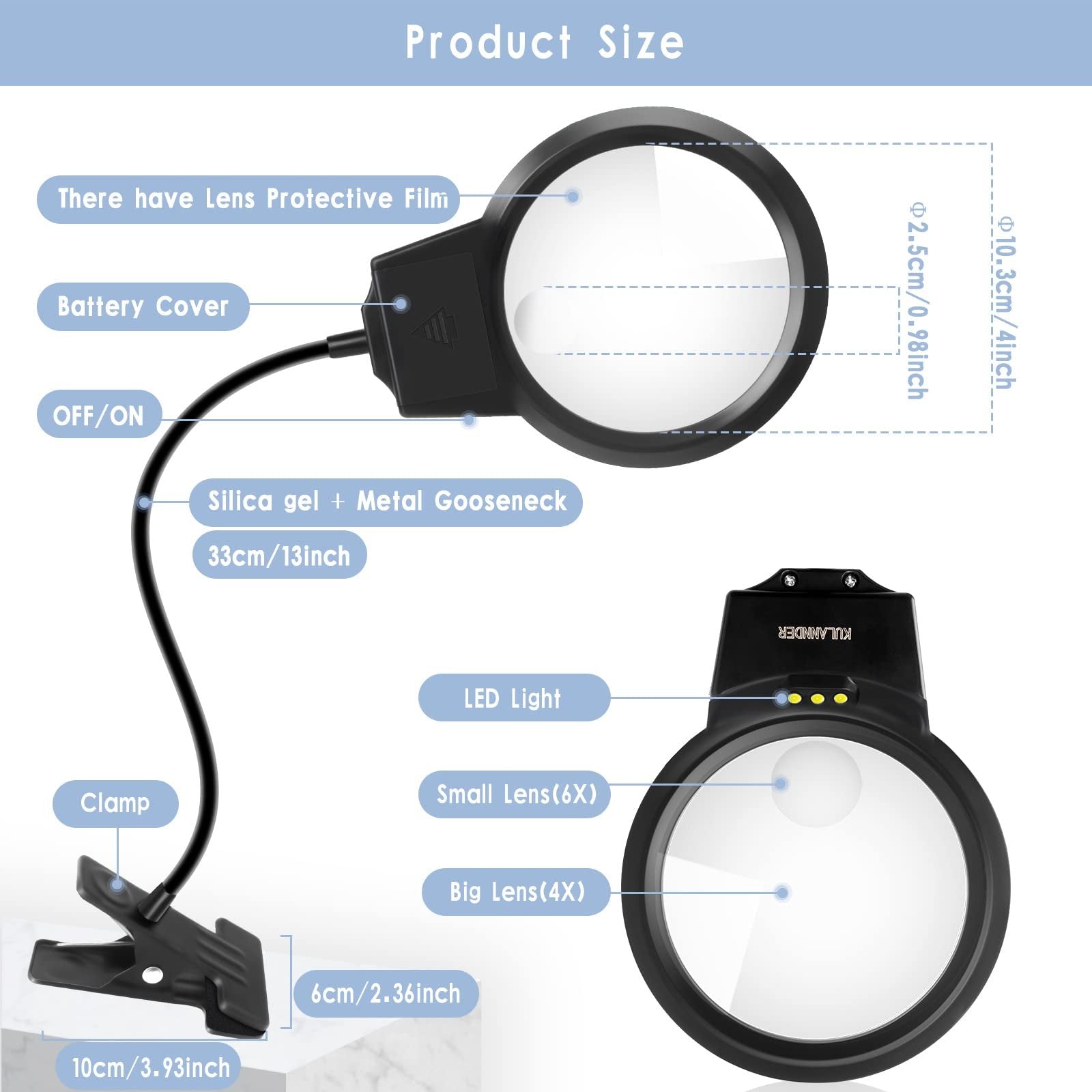 Diamond painting magnifier lamp with LED lights and flexible gooseneck, showing dimensions and features.