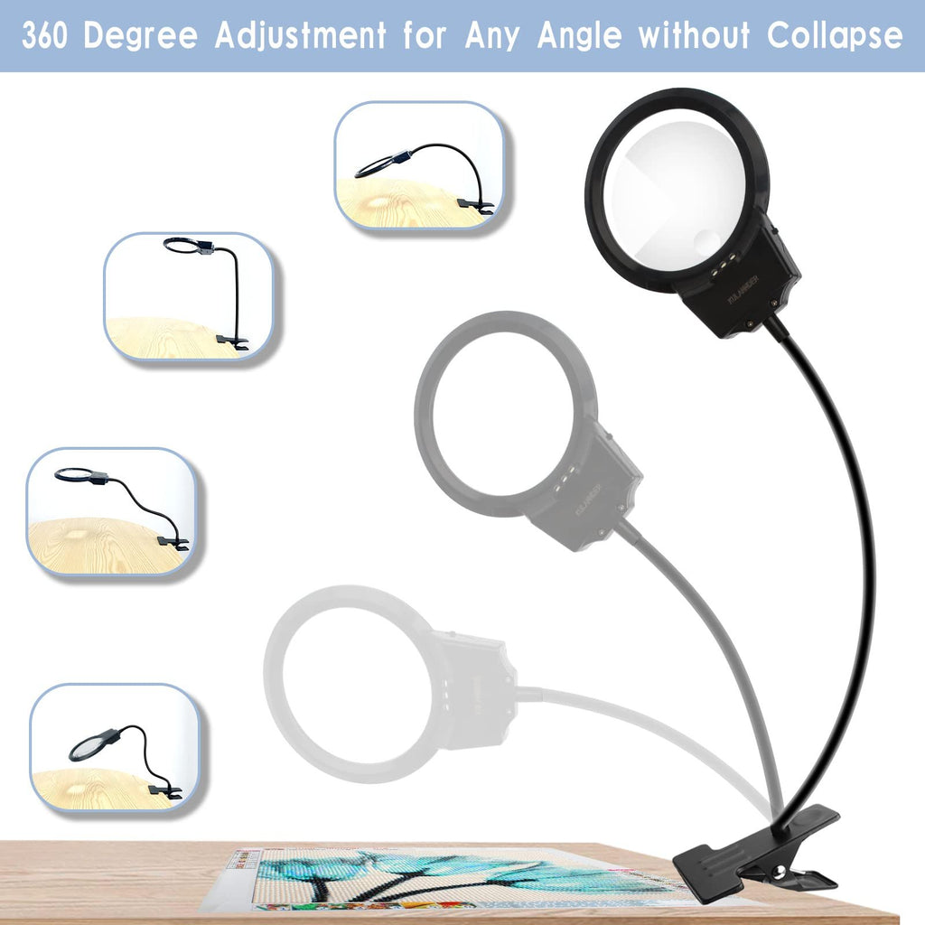 Diamond painting magnifier lamp with adjustable gooseneck and clip base, shown with inset images demonstrating angle adjustment.