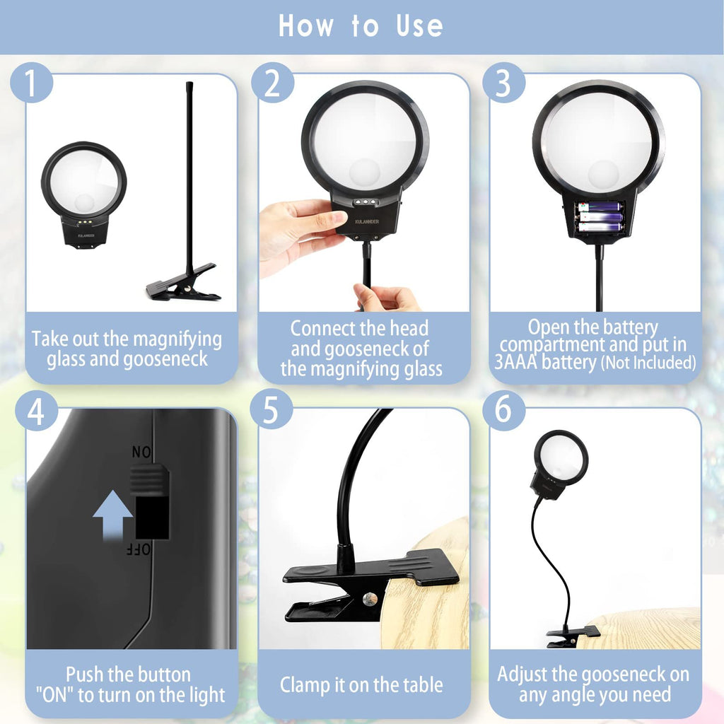 Collage showing six steps on how to use a clip-on LED magnifier lamp with a flexible gooseneck.