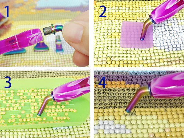 Diamond painting pen kit assembly and usage demonstration. Four panels show attaching a tip, placing clay, picking up beads, and placing beads on a canvas.