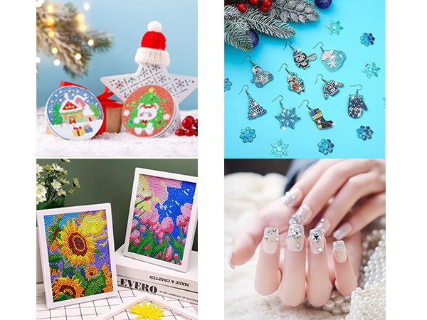 Collage of four images: diamond painting Christmas ornaments, diamond painting earrings and snowflakes, framed diamond art pictures of sunflowers and tulips, and manicured nails with rhinestones.
