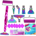 Diamond painting roller tool kit with multiple attachments, purple clay squares, and a storage case, shown from various angles.