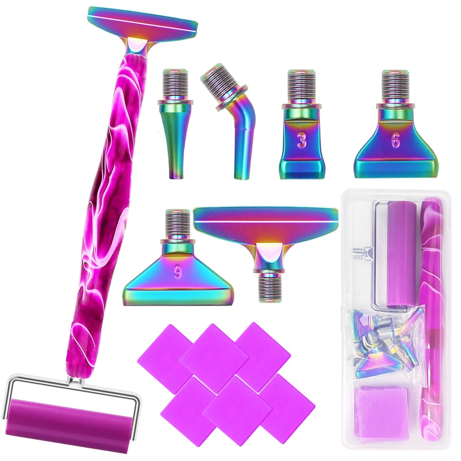 Diamond painting pen kit with roller, multiple drill bits, and purple adhesive clay pieces on a white background.