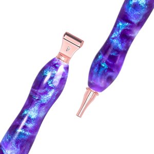Two diamond painting pens with galaxy purple and blue glitter resin bodies and rose gold metal tips, shown disassembled.