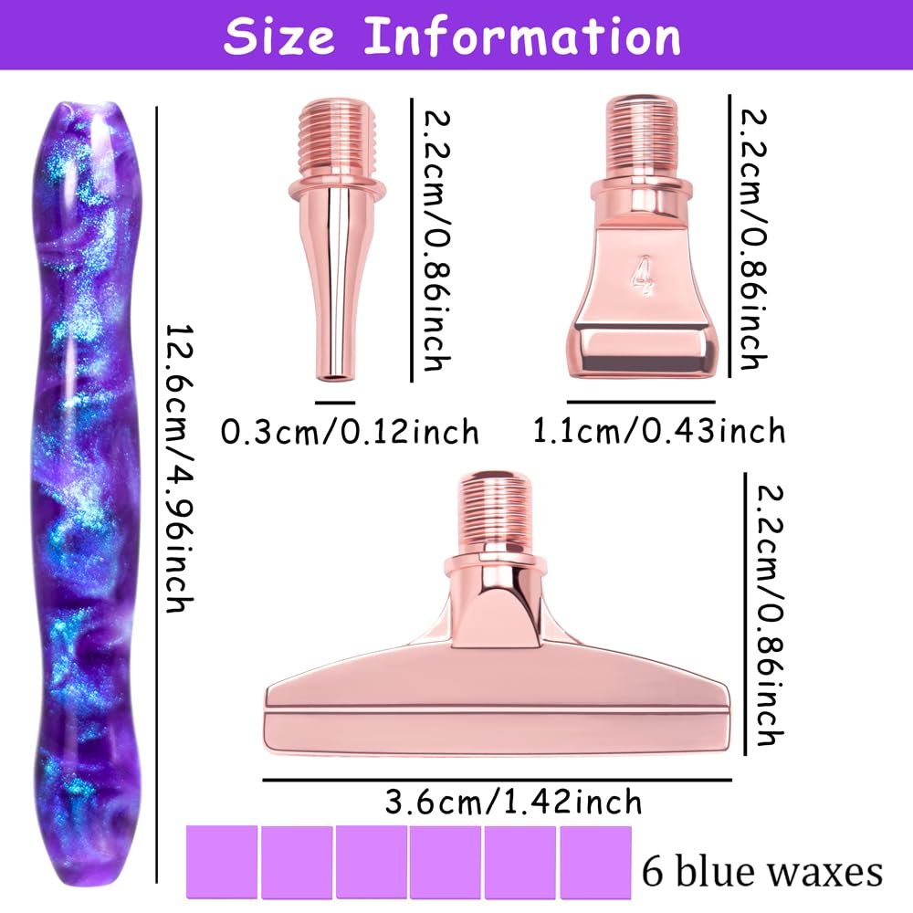 Diamond painting pen kit with size information for pen, tips, and waxes. Rose gold colored tools.