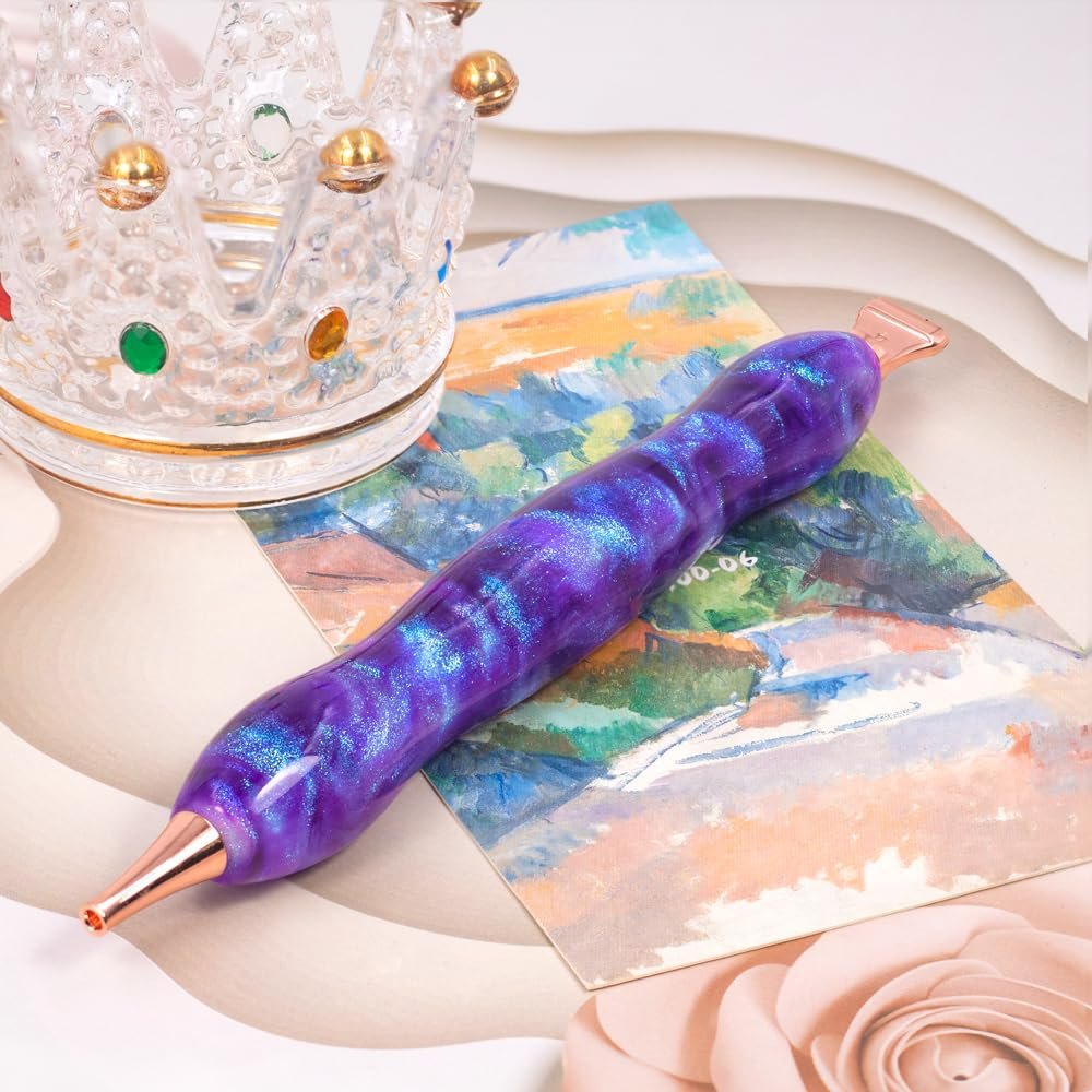 Galaxy purple diamond painting pen with rose gold accents on a decorative background