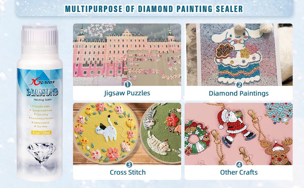 Bottle of diamond painting sealer with label showing features and applications like jigsaw puzzles, diamond paintings, cross stitch, and other crafts.