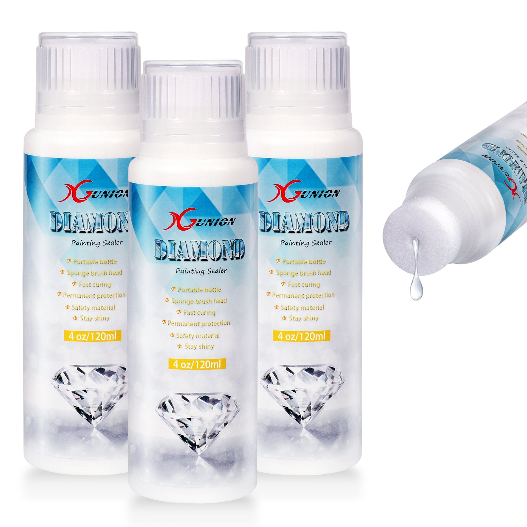 Three bottles of diamond painting sealer with sponge applicators, one bottle shown tilted with a drop of sealer falling.