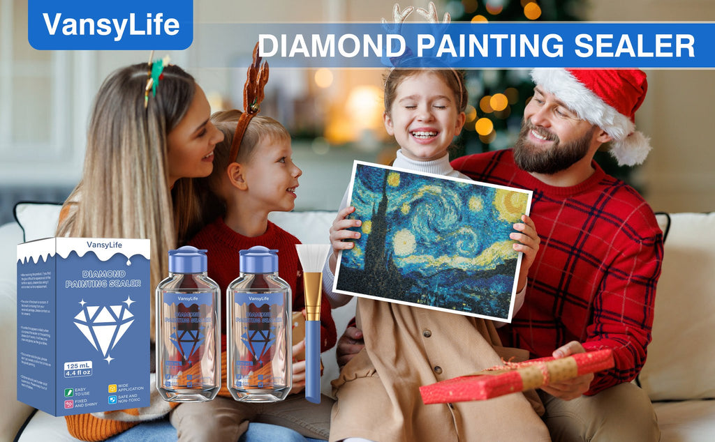 Family celebrating with diamond painting sealer kit, showing bottles and brush.
