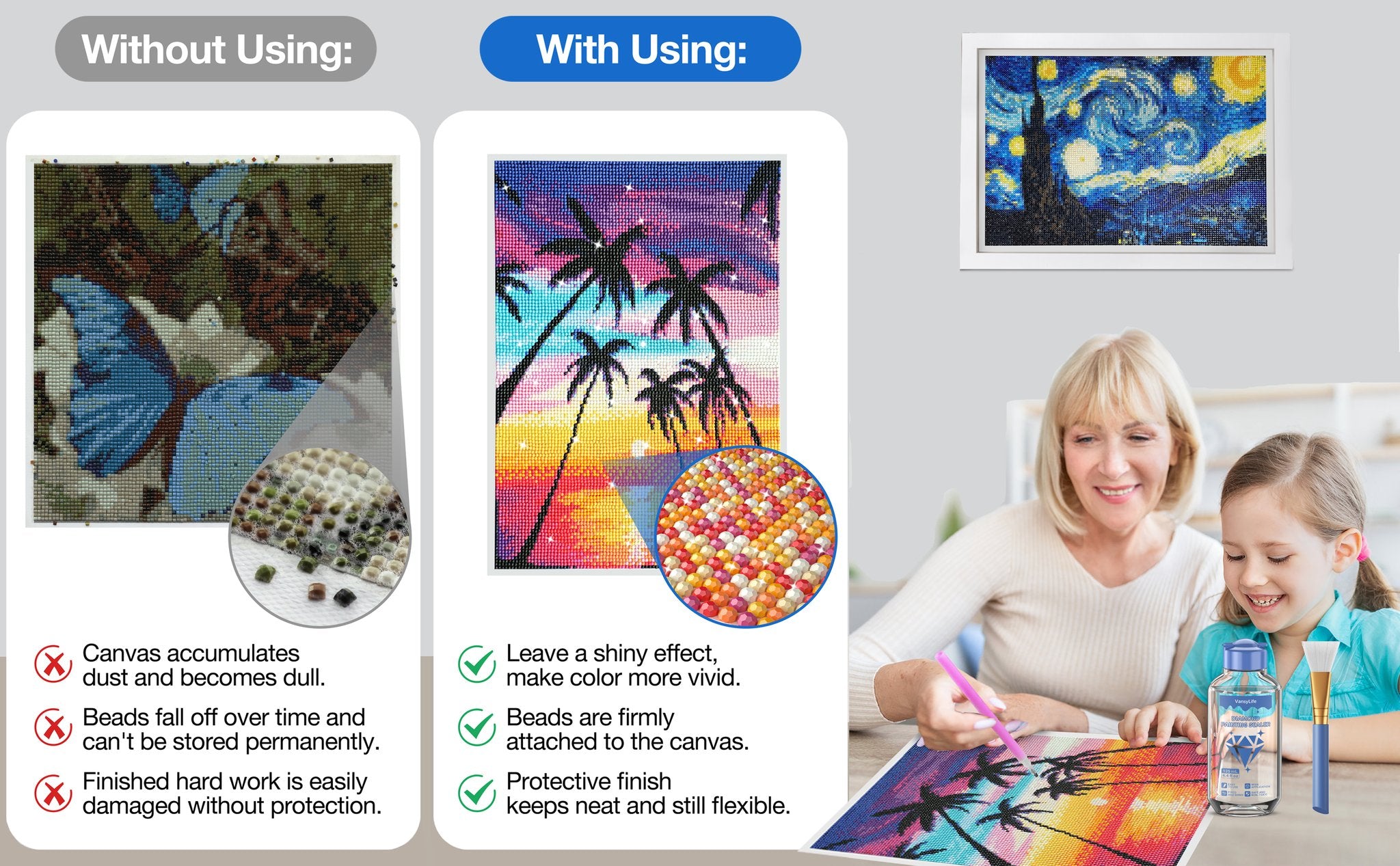 Diamond painting comparison showing before and after using sealer, with a woman and child working on a diamond art project.