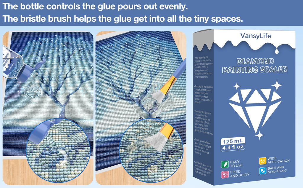 Diamond painting sealer bottle and brush applying glue to a diamond art canvas, with product packaging.