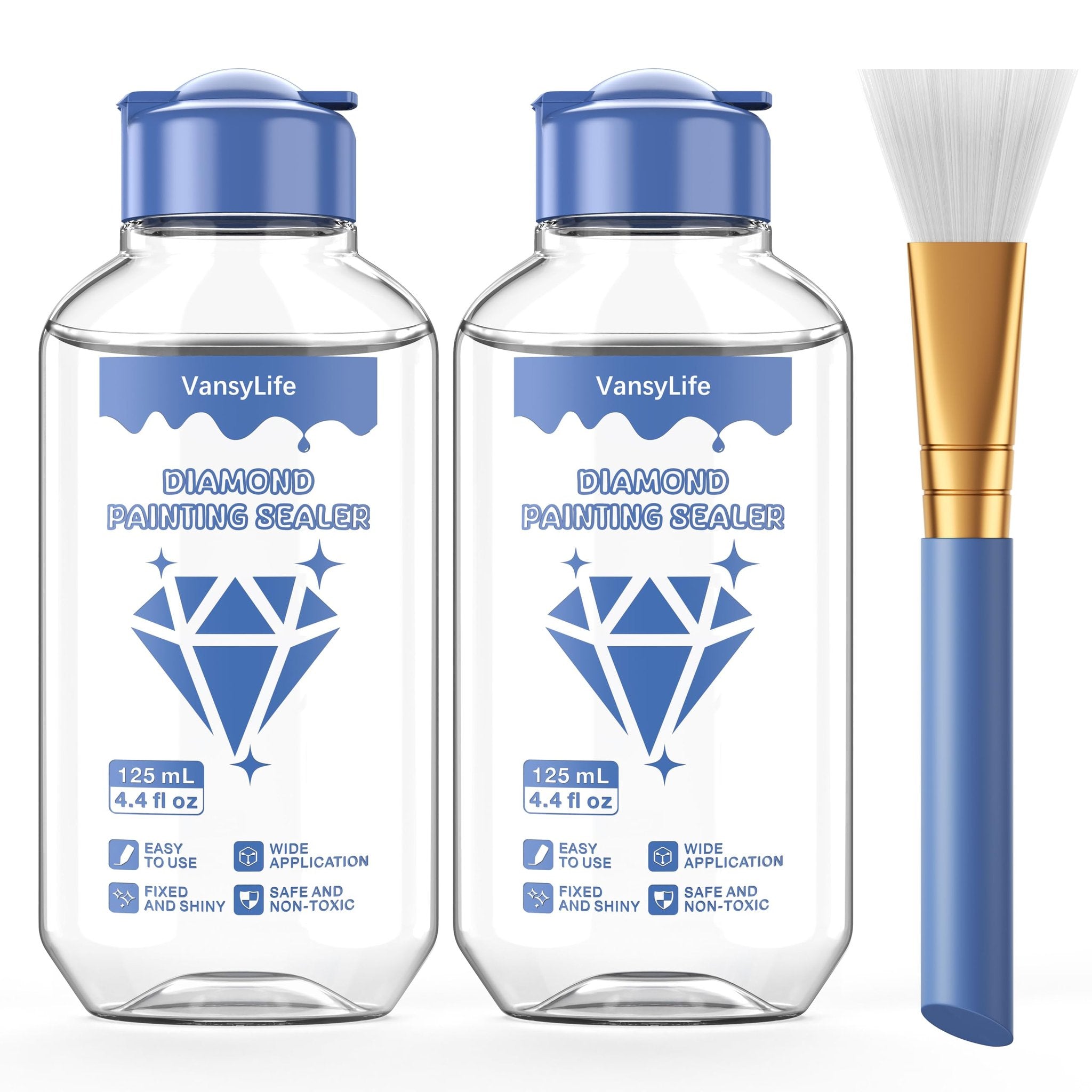 Two bottles of diamond painting sealer and one brush on a white background. The bottles have blue caps and labels with diamond graphics.