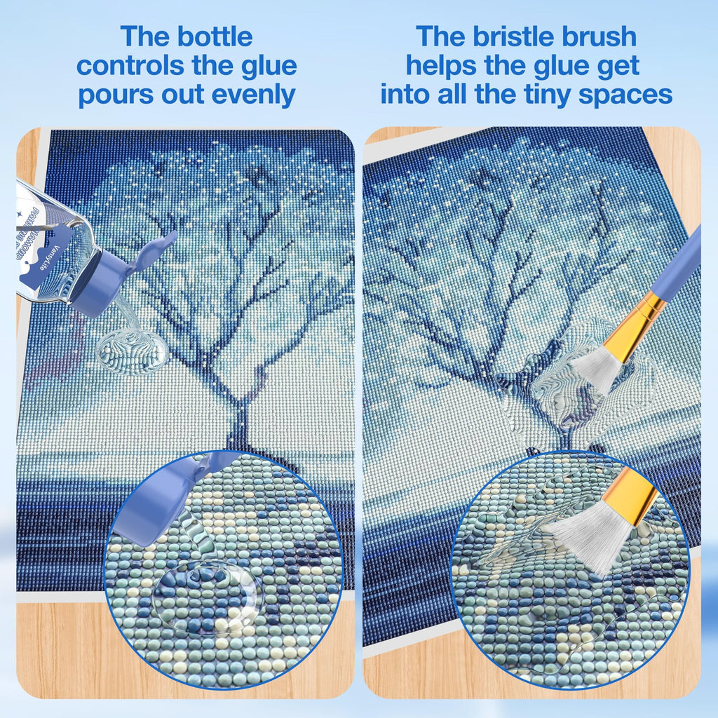 Diamond painting with glue being applied by bottle and brush, showing even coverage and detail application.