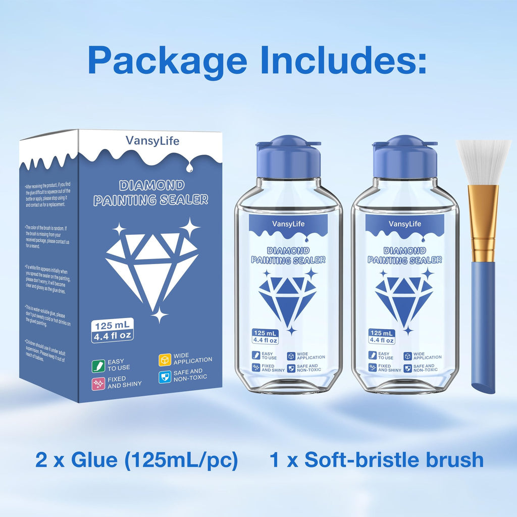 Diamond painting sealer bottles and a soft bristle brush with package contents information.