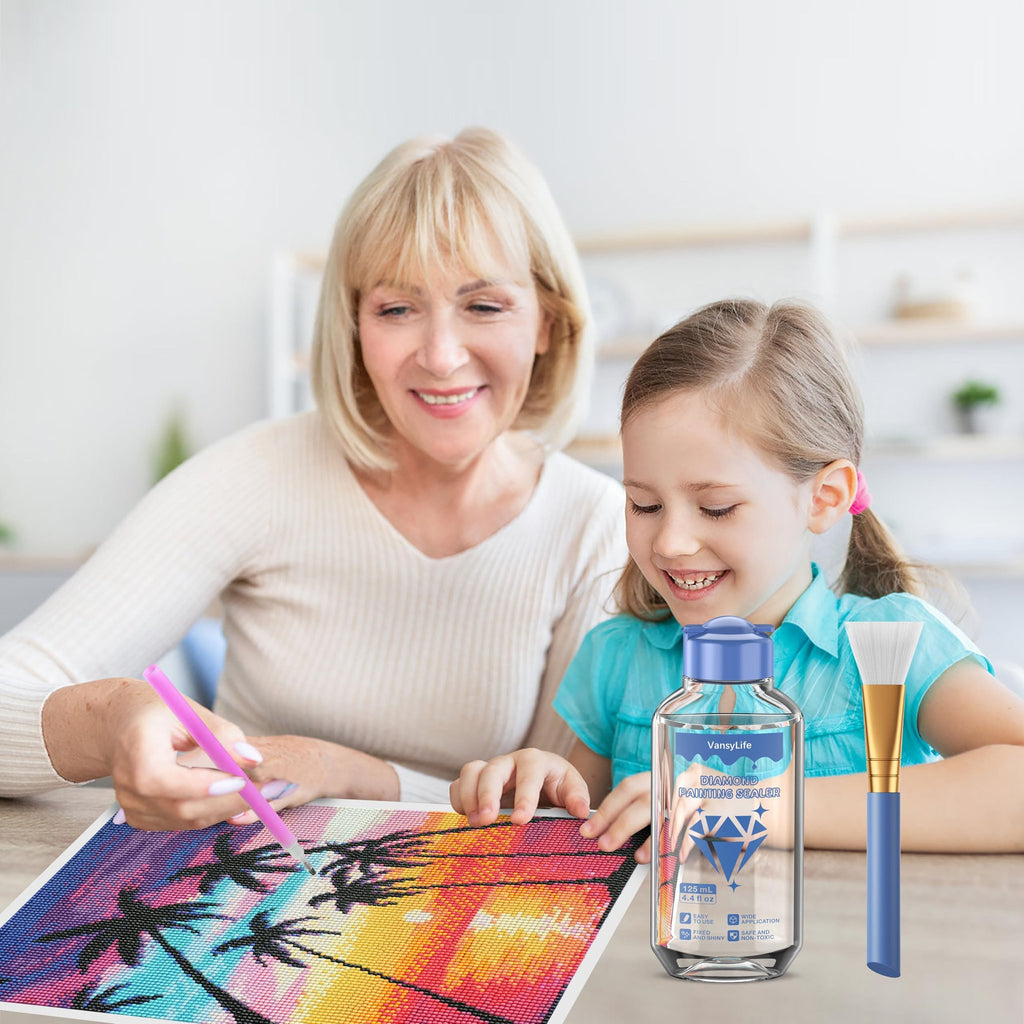 Grandmother and child doing diamond painting with sealer bottle and brush