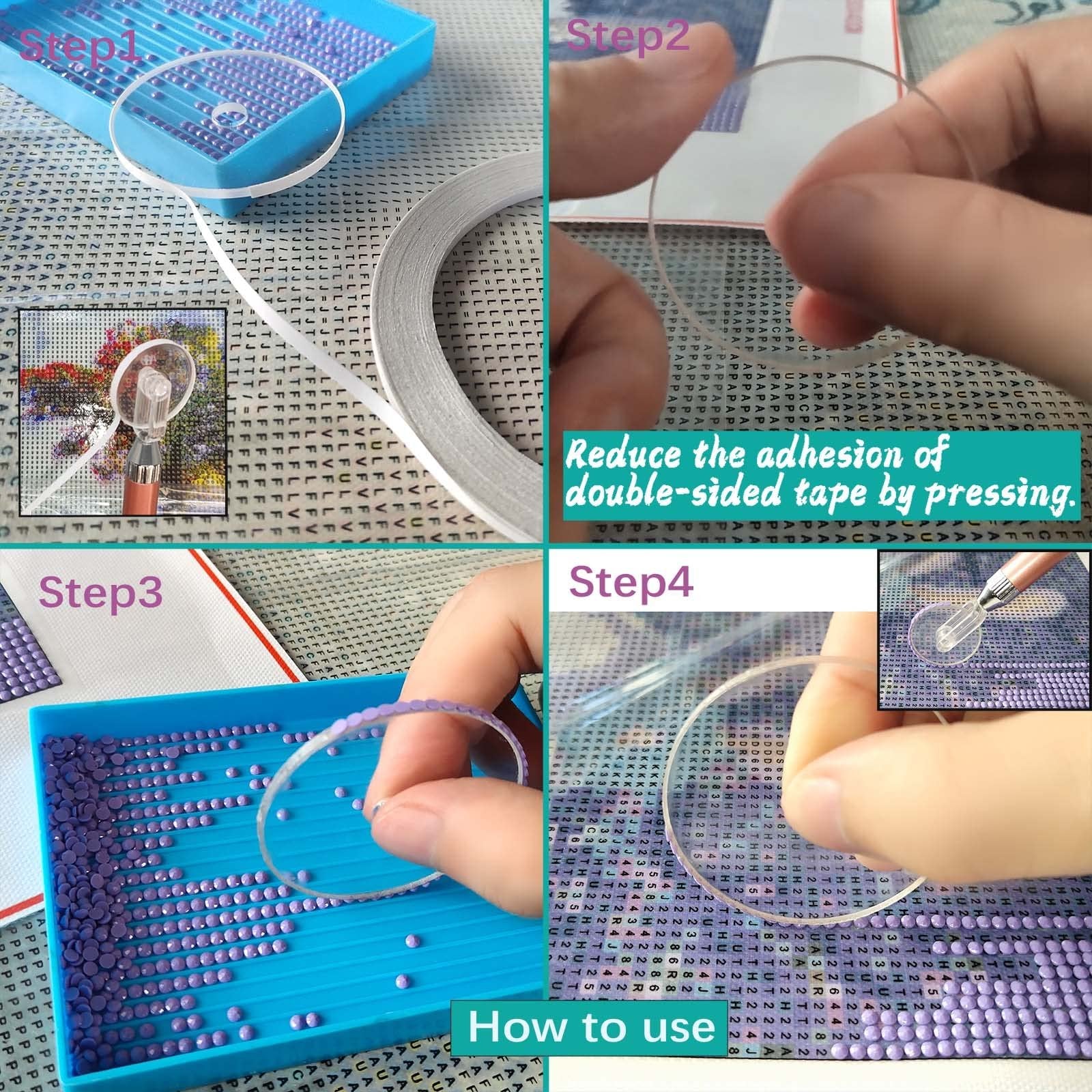 Diamond painting wheel tool with groove shown in four steps of use, demonstrating application with tape and drills.