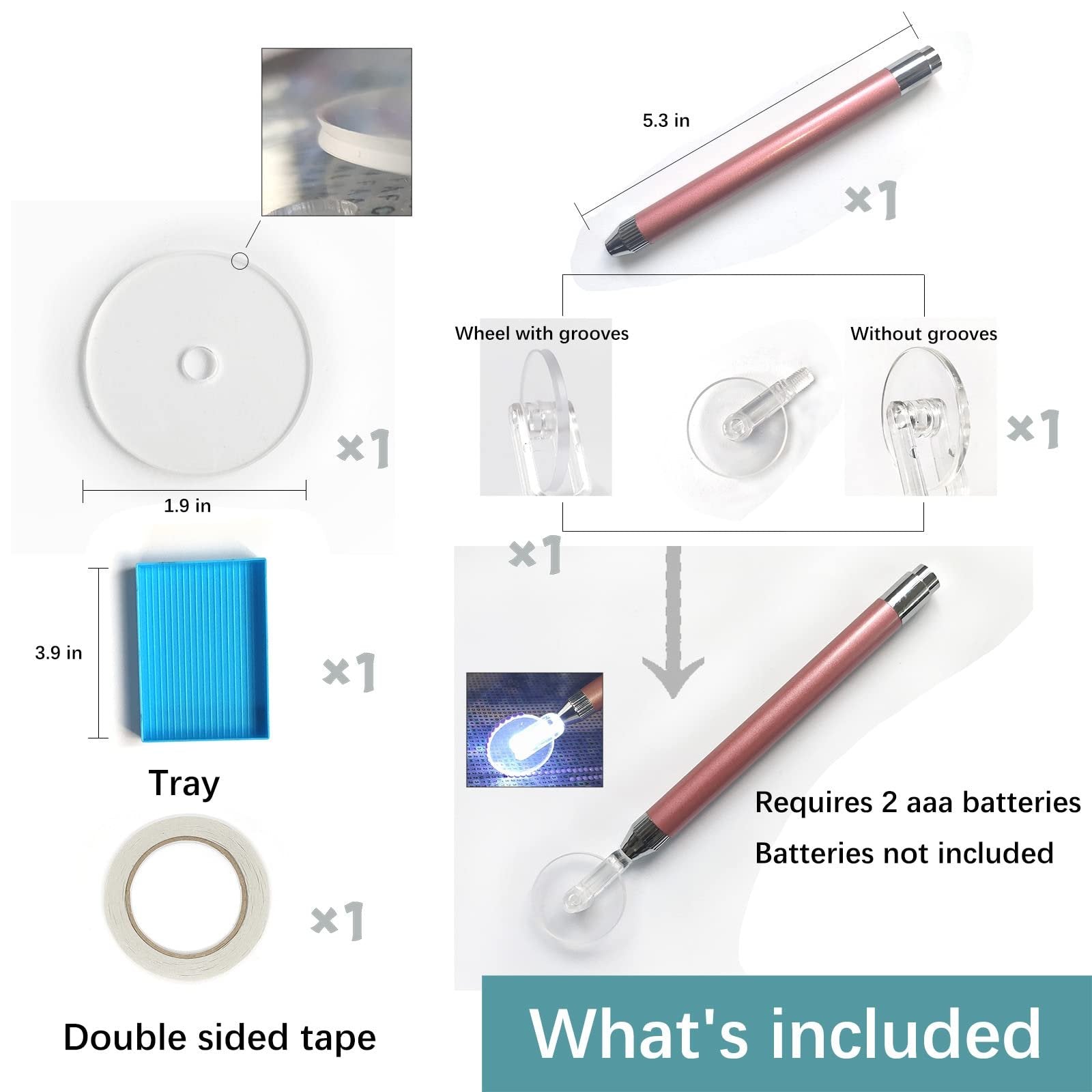 Diamond painting tool kit contents laid out, showing a pink pen, tray, tape, and two types of wheels.