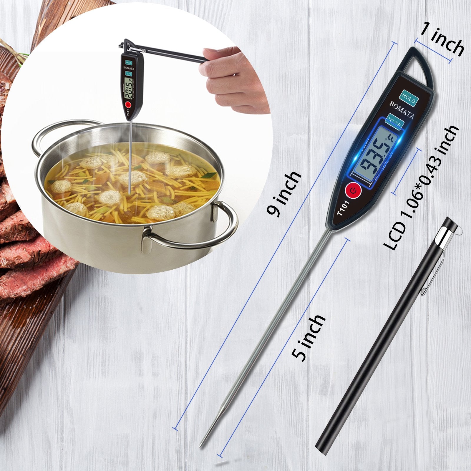 Digital instant-read thermometer measuring soup temperature, with dimensions and a pen shown.