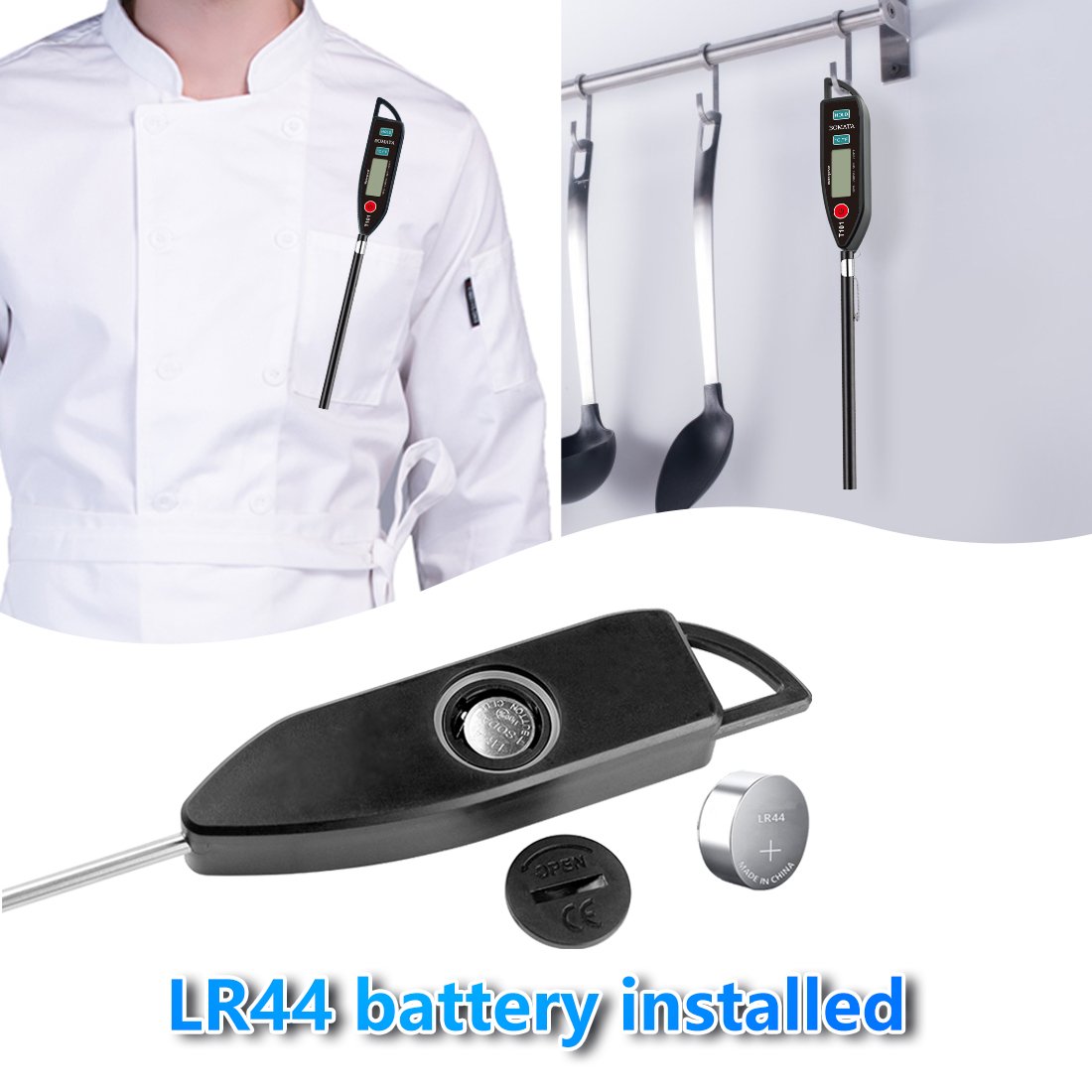 Digital instant-read thermometer with 5-inch probe, shown in a chef's pocket and hanging on a rack, with battery compartment detail.