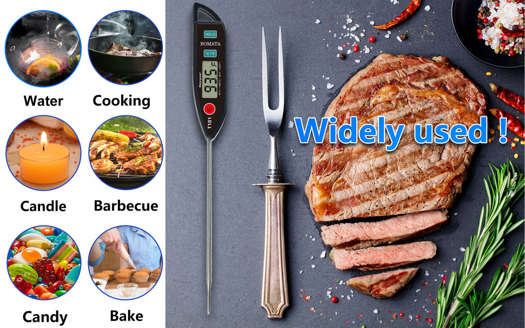 Digital instant-read thermometer and carving fork next to sliced steak, with inset images showing various uses.