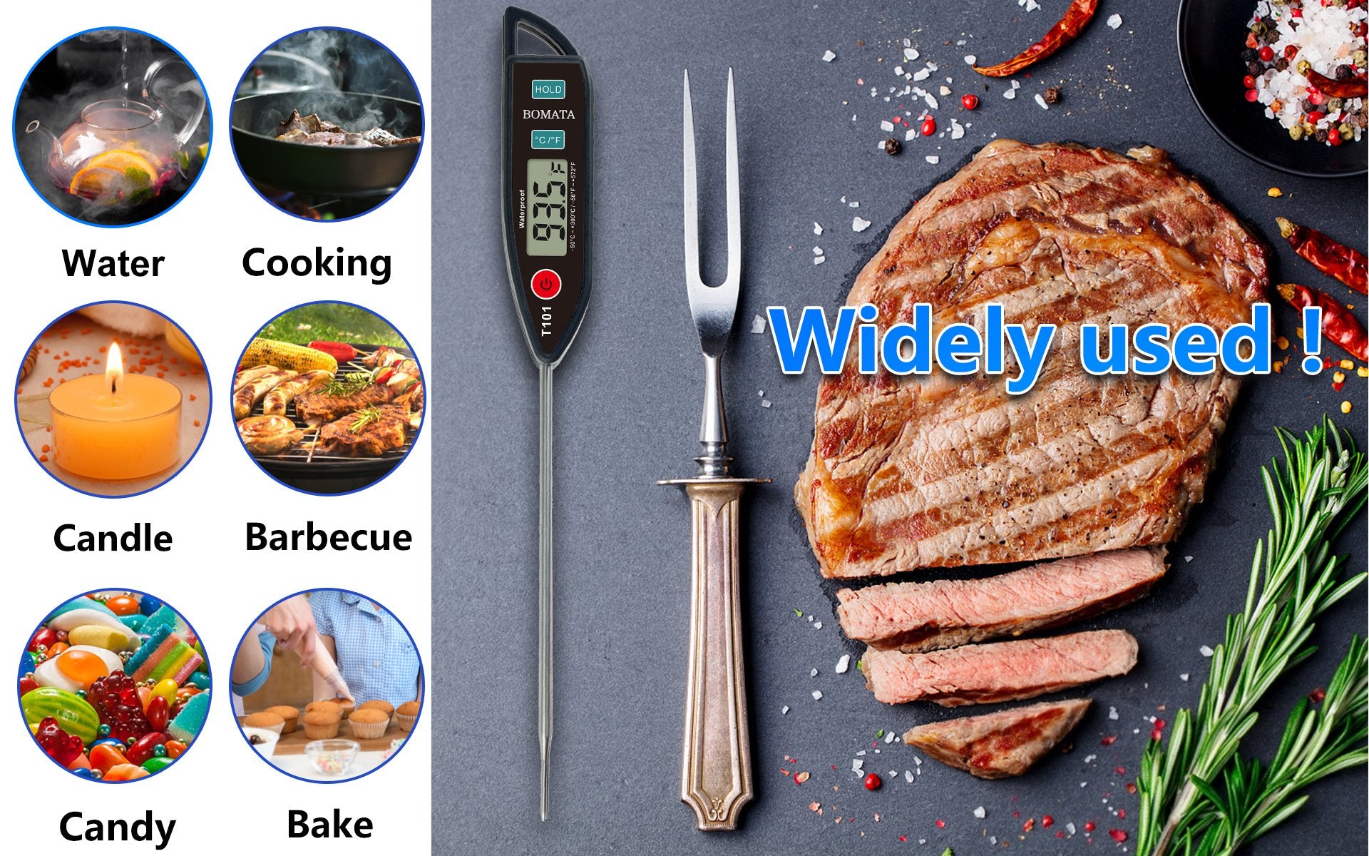 Digital instant-read thermometer and carving fork next to sliced steak, with inset images showing various uses.