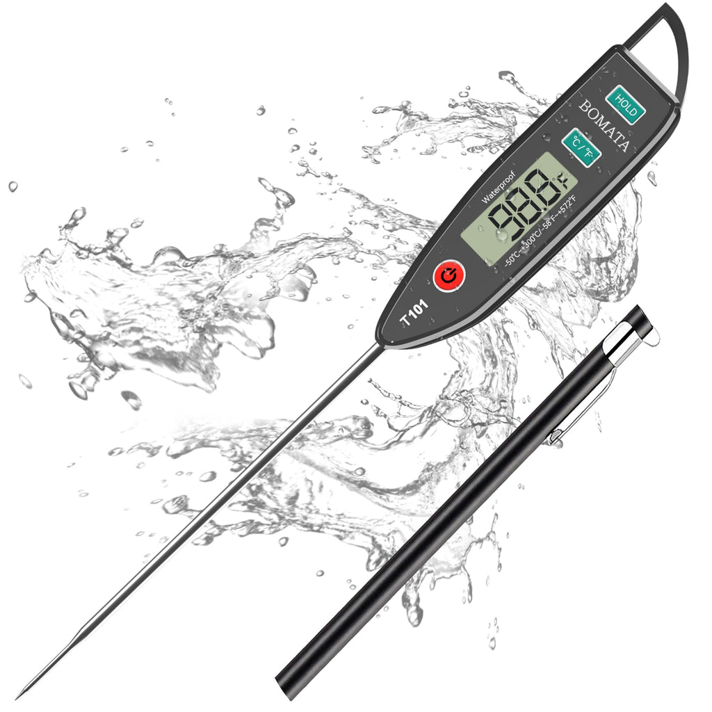 Digital instant-read thermometer with a 5-inch probe, displaying 98.8 degrees, surrounded by water splashes.