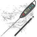 Digital instant-read thermometer with a 5-inch probe, displaying 98.8 degrees, surrounded by water splashes.