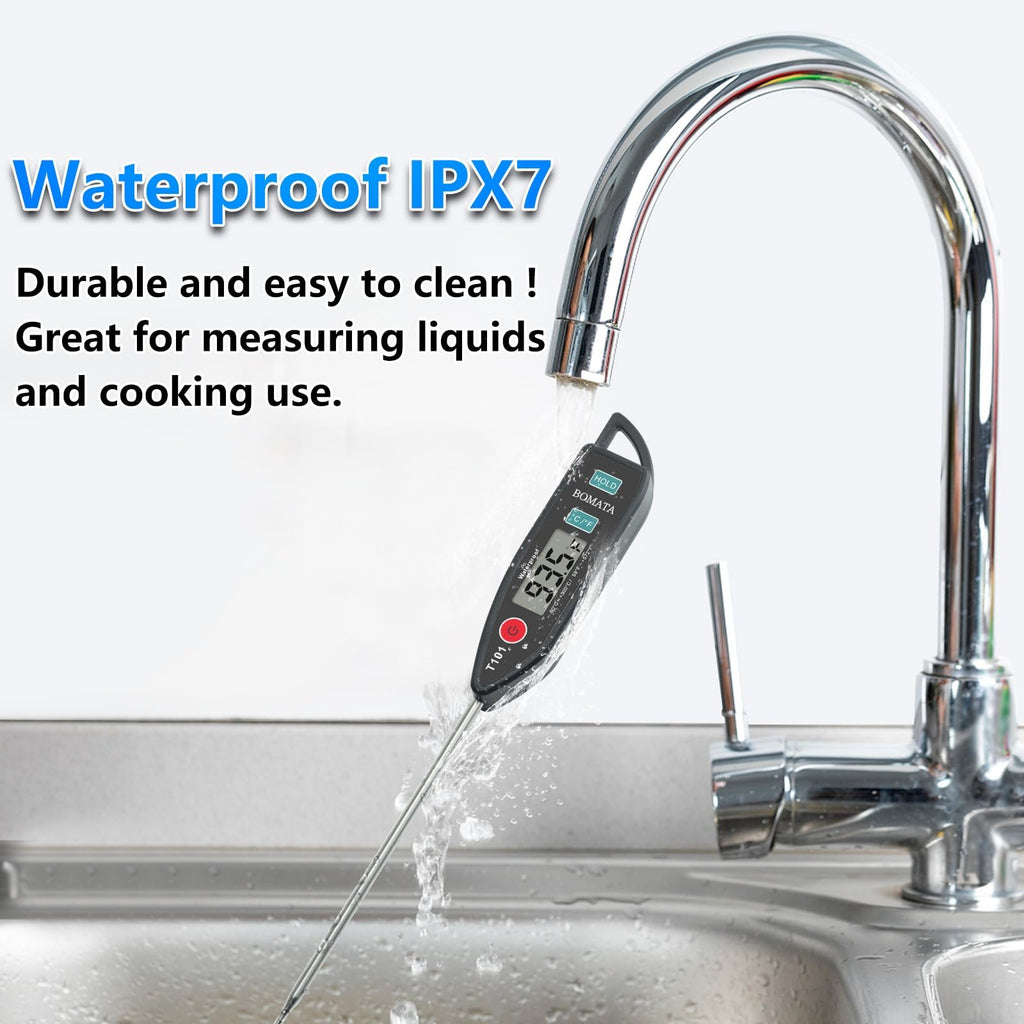 Digital instant-read thermometer being rinsed under a faucet, showing its waterproof feature.