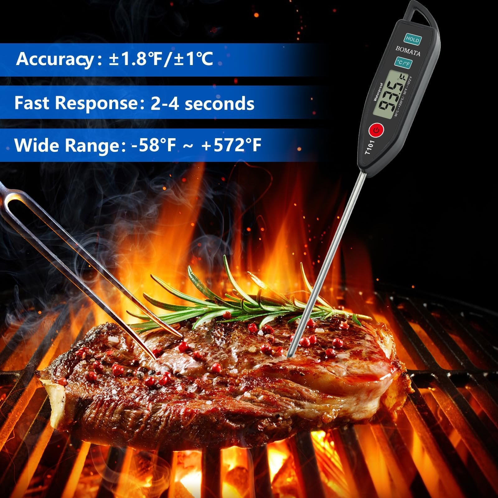 Digital instant-read thermometer inserted into a steak on a grill with flames and smoke.