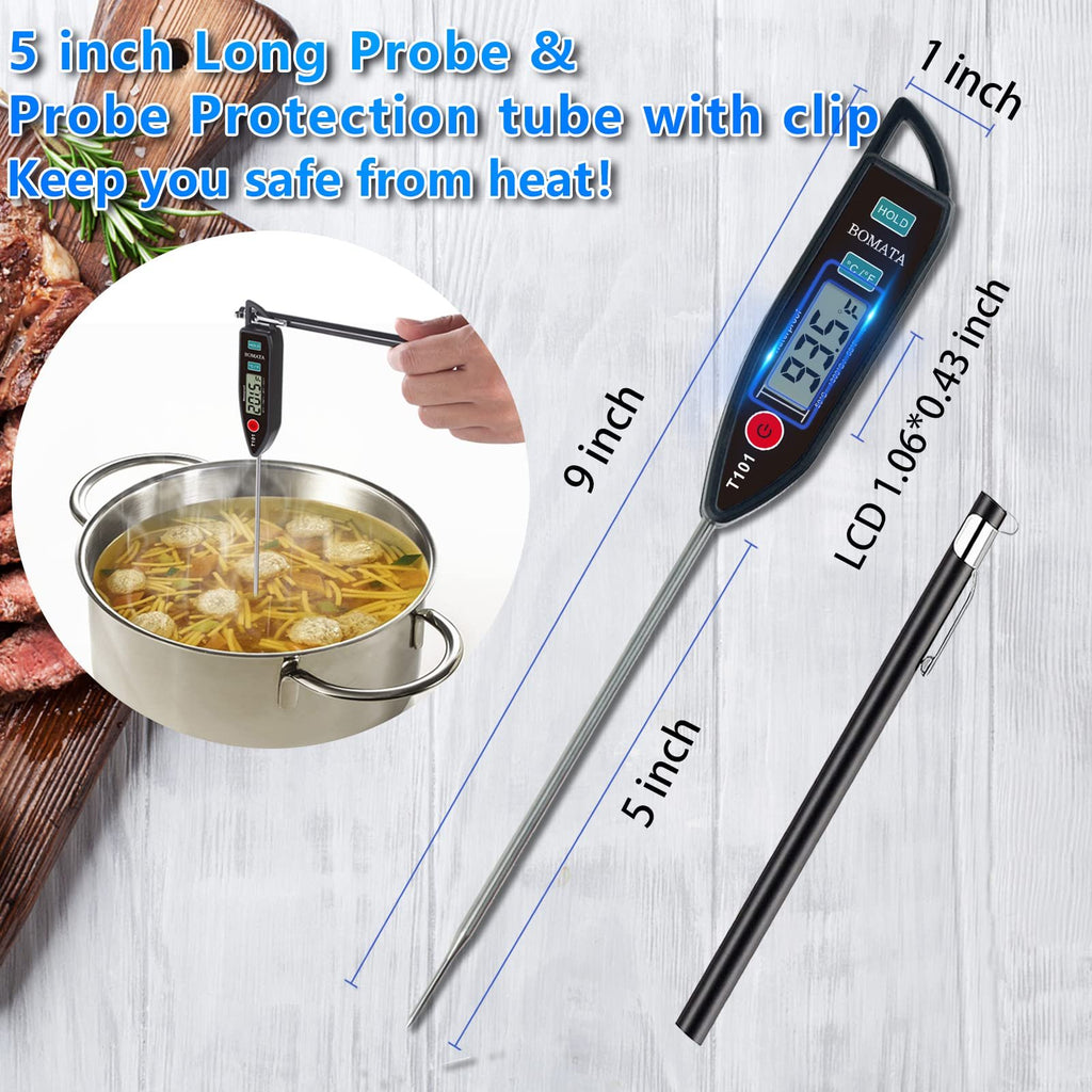 Digital instant-read thermometer with 5-inch probe measuring soup temperature, next to probe protection tube and steak.
