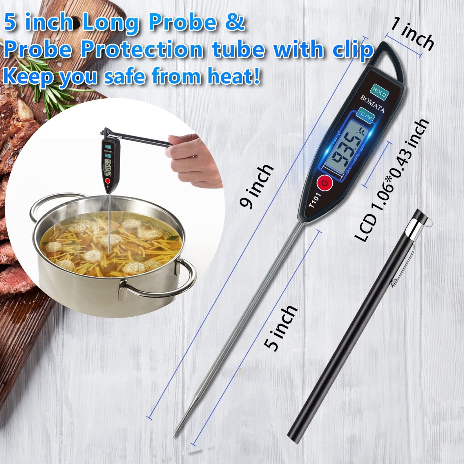 Digital instant-read thermometer with 5-inch probe measuring soup temperature, next to probe protection tube and steak.