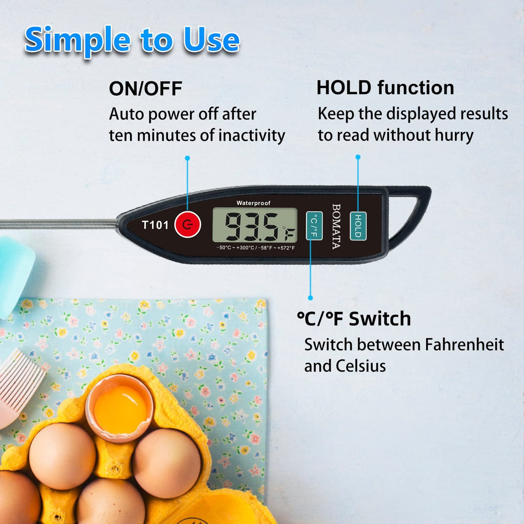 Digital instant-read thermometer with probe displaying 93.5F, shown with eggs and kitchen cloth.